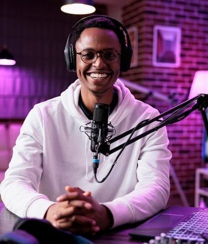 free photo pov of male influencer recording podcast episode on camera, using sound equipment in studio portrait of content creator talking to audience and filming social media channel vlog